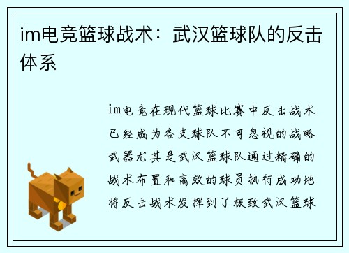 im电竞篮球战术：武汉篮球队的反击体系